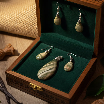 Parure Pendentif + Boucles d'oreilles Jaspe vert Madagascar