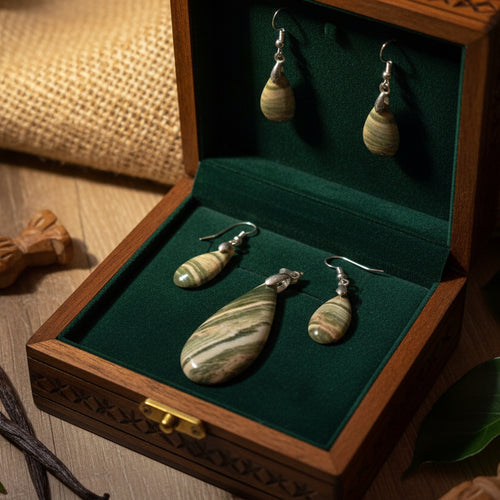 Parure Pendentif + Boucles d'oreilles Jaspe vert Madagascar
